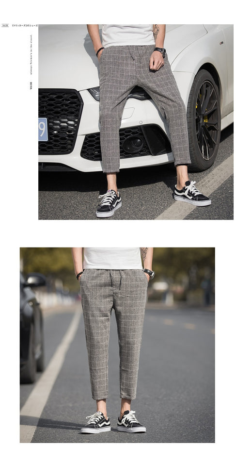 Ankle-Length Linen Plaid Pants