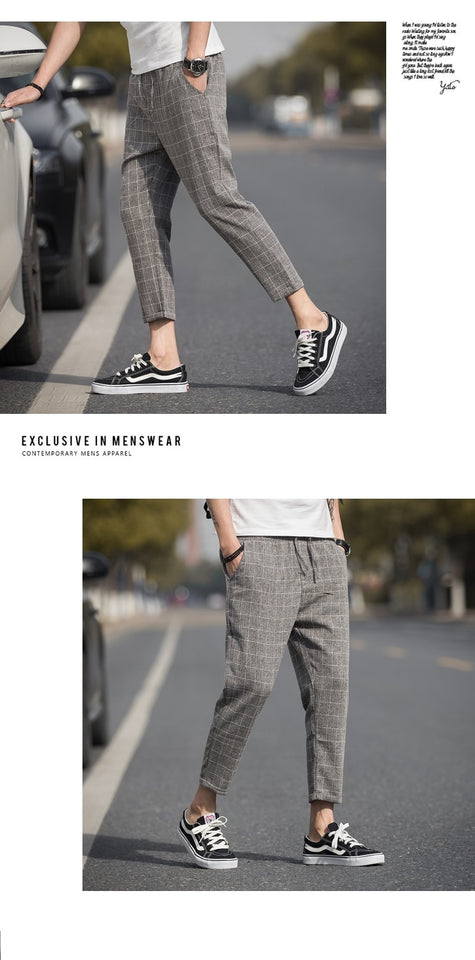 Ankle-Length Linen Plaid Pants