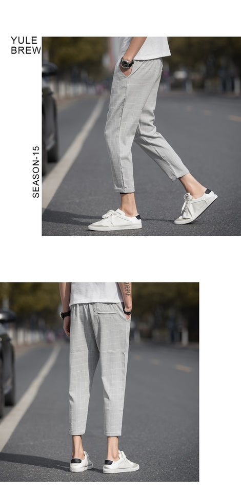 Ankle-Length Linen Plaid Pants
