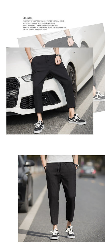 Ankle-Length Linen Plaid Pants