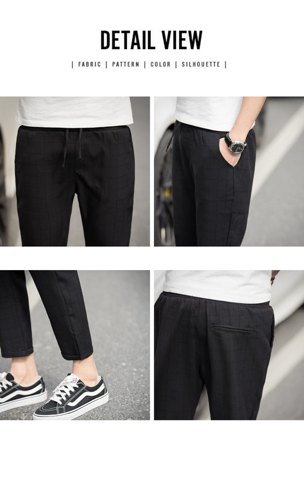 Ankle-Length Linen Plaid Pants